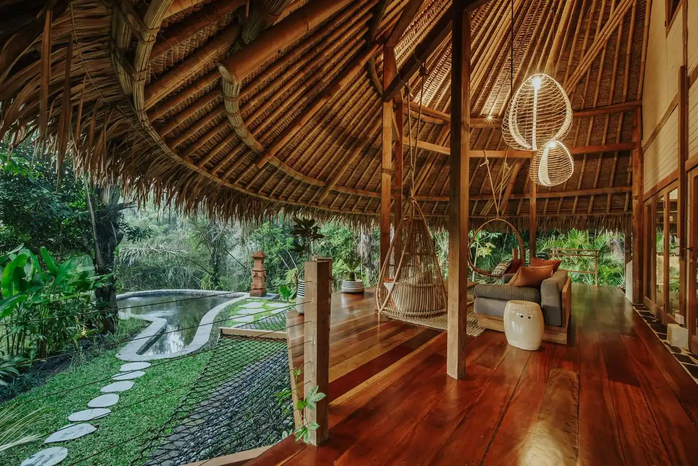 Villa Sungai covered deck overlooking the pool