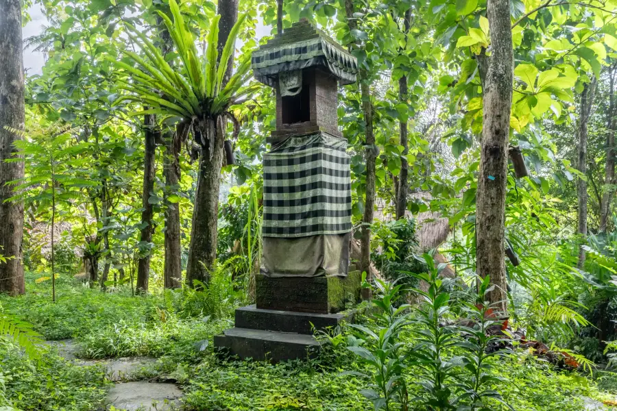 Traditional Balinese shrine surrounded by ferns and jungle trees